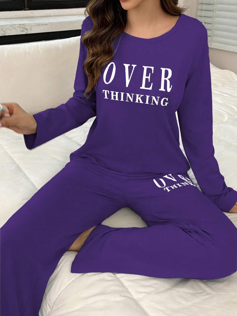 Casual Women's Purple Long Sleeve Pajama Set Round Neck Knitted With Letter Print Relaxed Fit Sleepwear Purple Pajamas Set Women Lounge Set - Purple - View 1