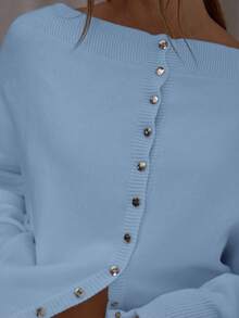 MUSERA Top de punto con cuello de barco, holgado, de murciélago, con botones delanteros, lindo, elegante, sexy, para usar en la calle o de noche en primavera - Neblina azul - Ver 6