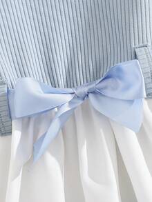 SHEIN Vintaside Kids 女婴休闲日常百搭碎花连衣裙，配腰带，适合外出穿着 - 藍色 - 查看 5