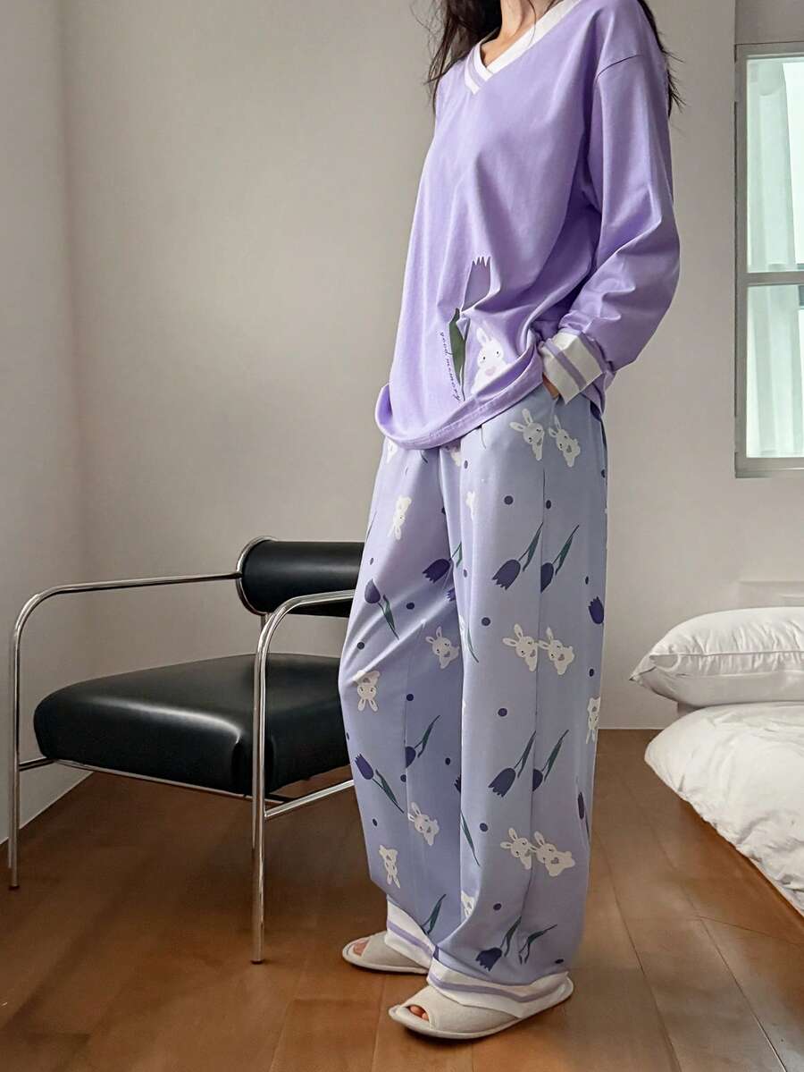 DAZY 花卉兔子图案宽松V领长袖长裤两件套女士睡衣套装 - 紫色 - 查看 1