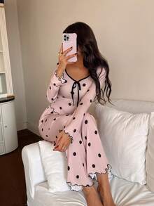 Dream Adore Polka Dot Print Long Sleeve & Pants Women Casual Pajama Set Polka Dot Pajama Set Pajama Pink