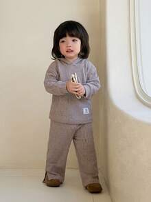 2pcs/Set Baby GirlAutumn Ribbed Fleece Hoodie T-Shirt & Straight Leg Casual Pants Set, Simple & Versatile For School, Outdoor, Everyday Wear - Khaki - View 5