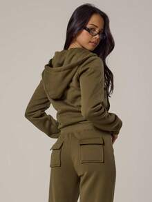 MUSERA Fitted Zip Through Hooded Jacket Top Top Spring, Girly, Day Outfits, Cute, Casual Sweet Pea - Army Green - View 4