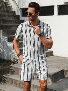 VENTUSAIL 男士Polo领纽扣半开襟几何印花短袖衬衫上衣搭配抽绳腰带口袋短裤，休闲日常穿搭套装，男士夏季服装套装，男士夏季运动服，男士两件套非洲衬衫裤套装，男士黑白套装，适合日常休闲、周末旅行、户外活动、探险旅行、轻松的工作环境或半正式场合，可作为男友/丈夫礼物、周年纪念/生日礼物、派对、暑假、新年、婚礼、情人节礼物。 - 黑與白 - 查看 3