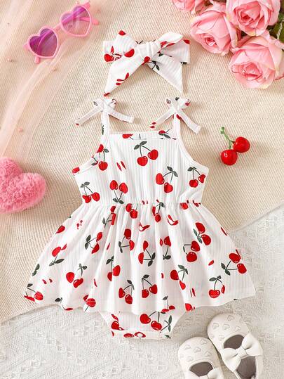 Souflis Souflis Pelele de verano informal con volantes, tirantes de espagueti y estampado de cerezas para bebé niña