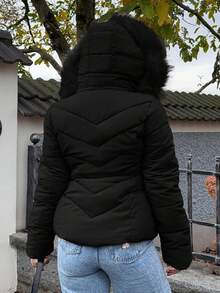 Jeta Ari Abrigo acolchado con capucha, cuello con cremallera, parche de unicolor y textura suave para mujer, para el invierno - Negro - Ver 2