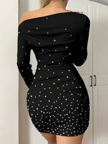 SHEIN EZwear 女士圣诞派对水钻印花网纱紧身迷你连衣裙，适合外出、派对、新年晚会，时尚别致 - 白色 - 查看 2