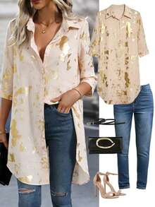 Franclia Women's Pink Leopard Print,Autumn,Elegant,Brunch Retro Gold Foil Tunic Blouse,Loose Long-Sleeved Shirt For Professional Working,Wedding,Party Blouses - Apricot - View 4