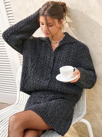 Cévolie Women's Drop Shoulder Long Sleeve Single-Breasted Knitted Cardigan And Knitted A-Line Skirt 2 Pieces Set, Fashionable