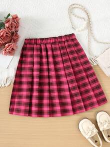 SHEIN ChillGRL Girls' Red Plaid A-Line Skirt, Versatile Casual Skirt, American Collegiate Style - Hot Pink - View 2