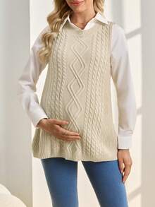 SHEIN 孕妇休闲扭结针织圆领背心，秋冬季百搭单品 - 卡其色 - 查看 3