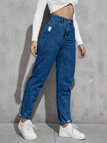 SHEIN Women's Light Wash Distressed Tapered Casual Jeans - Dusty Blue - View 5