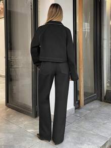 SHEIN Single-Breasted Casual Denim Jacket And Jeans Set - Black - View 2