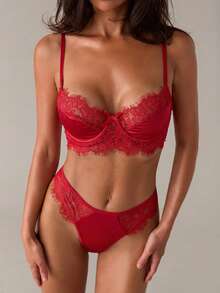 SHEIN BAE 拼接睫毛蕾絲鋼圈內衣套裝 - 紅色 - 查看 6