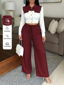 Vavine 女士休闲撞色短款衬衫和裤子两件套 - 酒紅色 - 查看 1