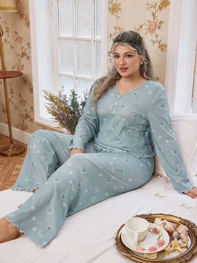  CottageSlumber Plus Size Ditsy Floral Button Decor Fitted Long Sleeve Pajama Set Curve Pajamas Set
