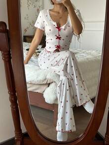 CottageSlumber Women's Colorblock Bow Decor Fruit & Cherry Print Knit Short Sleeve Pajama Set - White - View 6
