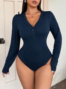 Vionelle Plus Size V-Neck Long Sleeve Button-Down Bodysuit - Navy Blue - View 4
