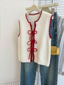 SHEIN Franclia Casual Loose Round Neck Sleeveless Knitted Contrast Trim Front Tie Beige Women Sweater Vest, Spring/Summer - Beige - View 6
