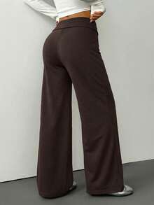 SHEIN PETITE Casual Brown Knitted Fabric Wide Leg Pants For Women Extra Long Rib-Knit Design - Brown - View 2