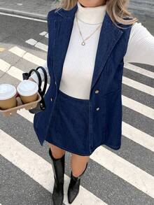 Serisse 女士秋季翻领双排扣无袖外套搭配牛仔裙休闲套装，优雅春夏情人节嘉年华服装通勤度假毕业时尚Y2K可爱街头风性感派对婚礼优雅商务休闲女装牛仔迷你连衣裙时尚无袖西装背心设计休闲 - 藍色 - 查看 3