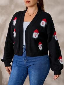 EMERY ROSE Autumn/Winter New V-Neck Long Sleeve Christmas Atmosphere Loose Knit Cardigan With 3D Faux Fur Santa Claus Pattern For Women - Multicolor - View 5