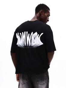SUMWON Áo thun nam tay ngắn cổ tròn dáng rộng in hình đồ họa phía sau, họa tiết dấu vân tay, chất liệu cotton, kiểu dáng thường ngày. - màu đen - Xem 5