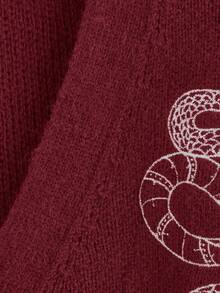 ROMWE Gothic Snake & Moon Embroidery V-Neck Loose Cardigan, Plus Size - Burgundy - View 5