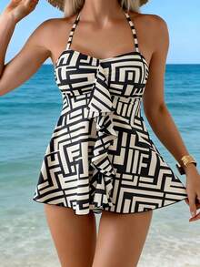 Swim Lushoire Women's Casual 2 Pieces Swimsuit Set, Ruched Bust With Floral Ruffles, Tie Neck, Tummy Control Tankini - Multicolor - View 3