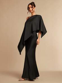Silquee 纯色不对称领修身披肩连衣裙 - 黑色 - 查看 5