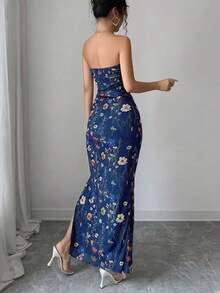 Rafferiza Vestido ajustado con abertura y estampado floral de rama elegante con fruncido para mujer - Azul Marino - Ver 2