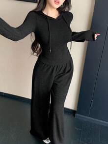 DAZY 2pcs Women Hooded Top And Loose Fit Pants Set Lounge Sets For Women - Black - View 2