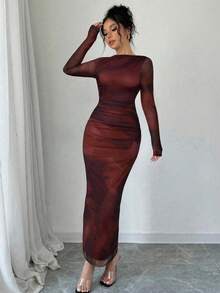 Firerie 女士优雅长袖扎染印花褶皱连衣裙，扎染印花长袖修身优雅连衣裙，不对称领长袖优雅约会连衣裙，网纱弹力面料 - 酒紅色 - 查看 4