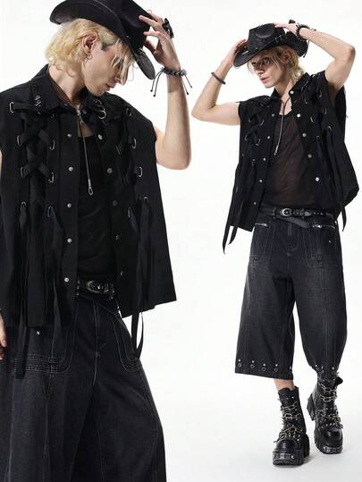 Goth Gilet gotico in denim con lacci per uomo