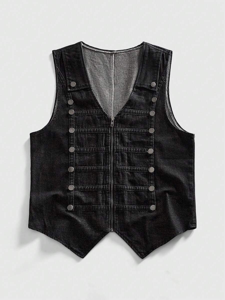 ROMWE MEN Street Life 男士休闲牛仔背心，拉链前襟，宫廷风格 - 黑色 - 查看 1