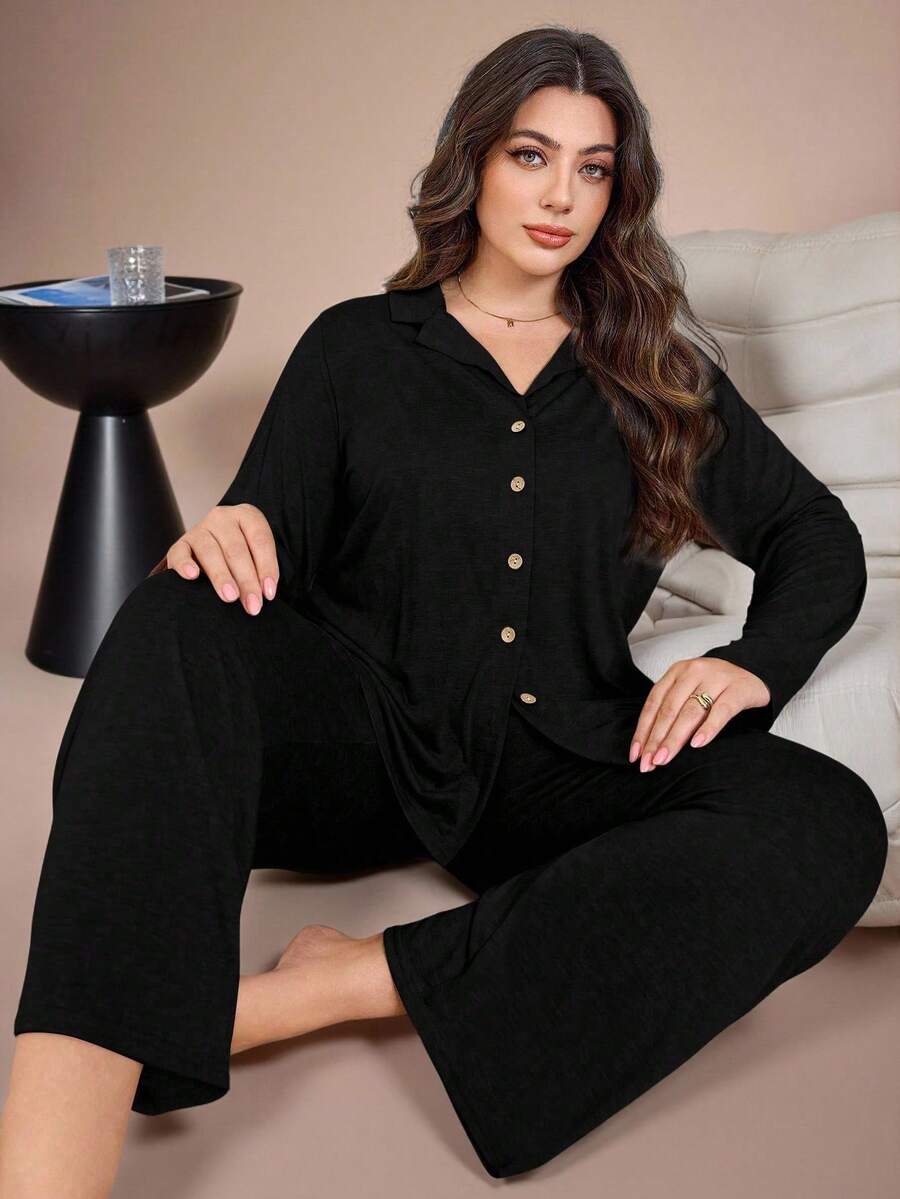 SHEIN Plus Size Soft, Skin-Friendly Button Closure Top & Pants Fashionable Loungewear Pajama Set, Cozy Outfits, Fall Winter Clothes - Black - View 1