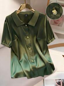 GlowEve CURVE Plus Size Silk Satin Elegant High-End Business Commute Metallic Flower Button Front Short Sleeve Blouse Satin Shirt Silk Shirt Green Shirt Women Satin Blouses For Women Green Blouses - Green - View 1