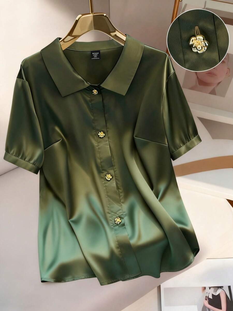 GlowEve CURVE Plus Size Silk Satin Elegant High-End Business Commute Metallic Flower Button Front Short Sleeve Blouse Satin Shirt Silk Shirt Green Shirt Women Satin Blouses For Women Green Blouses - Green - View 1