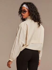 Athîral 女士米色落肩长袖拉链休闲常规外套，运动轻便外套，立领，宽松版型，舒适梭织面料，适合春假穿着，休闲百搭，米色外套，日常居家穿着皆宜。 - 彩色 - 查看 2