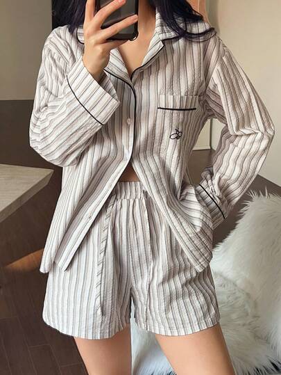 DAZY Striped Cute Bee Embroidery Long Sleeve Shorts Women Pajama Set