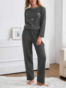 EURMUSE Women Cotton Bows Detail Long Sleeve Shirt&Pants Homewear Lounge Pajama Set - Grey - View 4