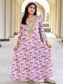 Tween Girls' Loose Casual Elegant Ditsy Floral V-Neck Comfortable Dress - Baby Pink - View 2