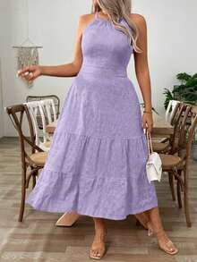 SHEIN Clasi Plus Size Purple Halter Midi Dress Sleeveless With Ruffle Hem And Tiered Design Casual Woven Fabric - Purple - View 9