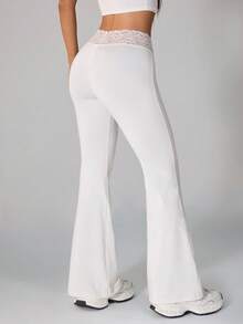 SHEIN PETITE 夏季黑色蕾丝拼接吊带裤+喇叭裤女士修身两件套 - 白色 - 查看 2