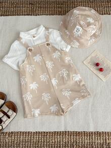 SHEIN 两件套男女宝宝椰树图案连体衣套装，含围兜裤和遮阳帽，春夏服装，宝宝套装，度假装