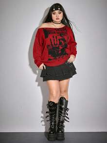 ROMWE Grunge Punk 大码女式骷髅扎染印花宽松不对称领复古音乐节派对毛衣