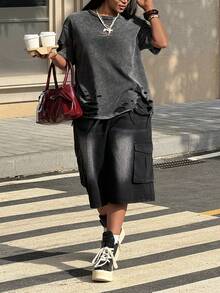 SHEIN EZwear 大码女式休闲黑色短袖酸洗夏季T恤