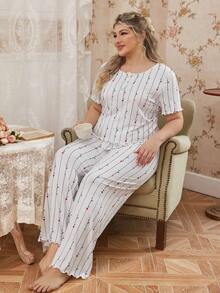 CottageSlumber Romantic Heart & Wavy Line Decor Plus Size Short Sleeve Top And Pants Set - White - View 1