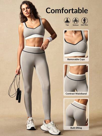 VARSIVA Women's Contrast Trim Sports Bra And Leggings Set