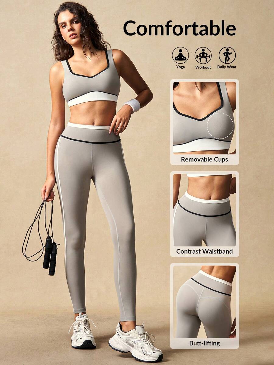 VARSIVA 女士撞色滚边运动文胸和紧身裤套装